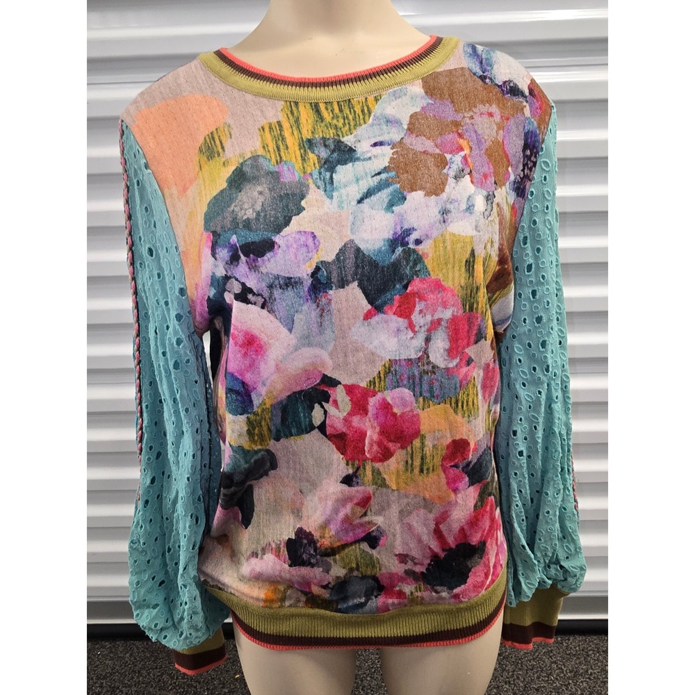 Blank London Floral Knit Sweater Blue Eyelet Lace Balloon Sleeve XXS Multi Color